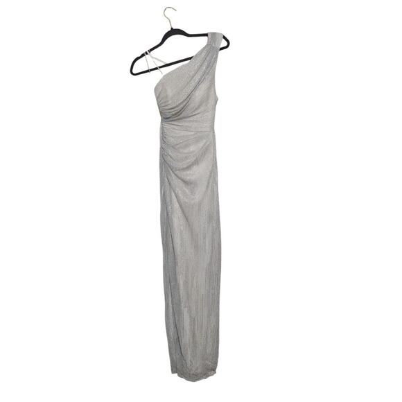 Aidan Mattox Silver Metallic One Shoulder Dress Formal Ruched Maxi Slimming Prom - Picture 4 of 9